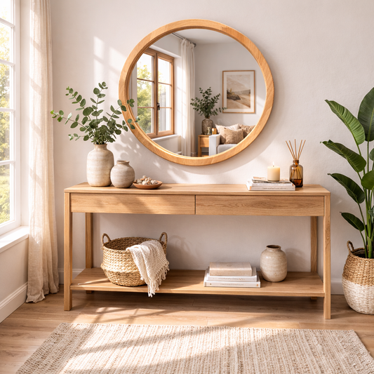 Handmade Solid Wood Framed Round Mirror – Modern Scandinavian Wall Mirror