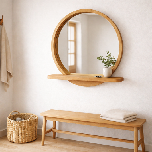 Solid Beech Wood Round Mirror with Shelf – Scandinavian Entryway Bathroom Mirror