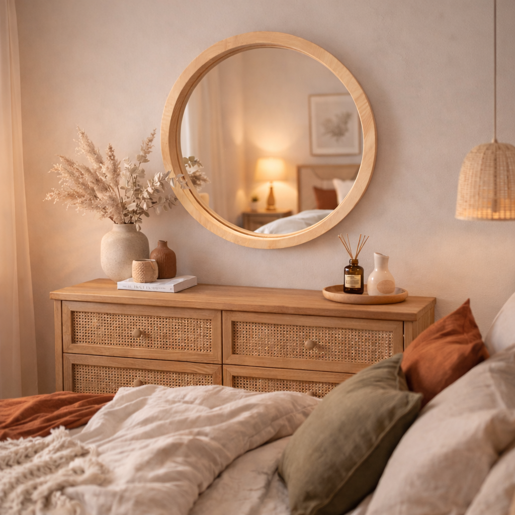 Handmade Solid Wood Framed Round Mirror – Modern Scandinavian Wall Mirror