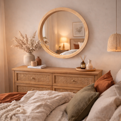 Handmade Solid Wood Framed Round Mirror – Modern Scandinavian Wall Mirror