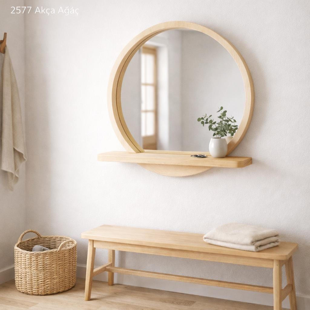 Solid Beech Wood Round Mirror with Shelf – Scandinavian Entryway Bathroom Mirror