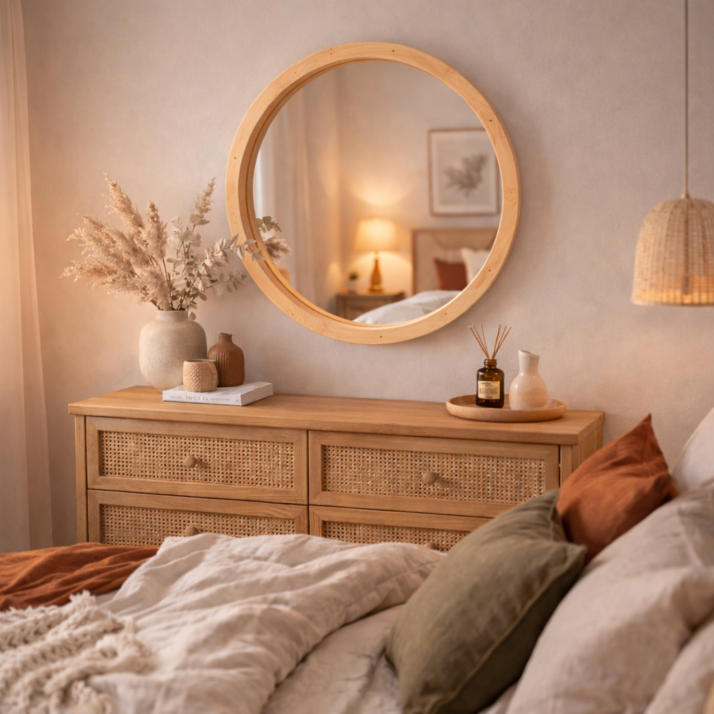Handmade Solid Wood Framed Round Mirror – Modern Scandinavian Wall Mirror
