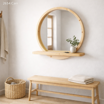 Solid Beech Wood Round Mirror with Shelf – Scandinavian Entryway Bathroom Mirror