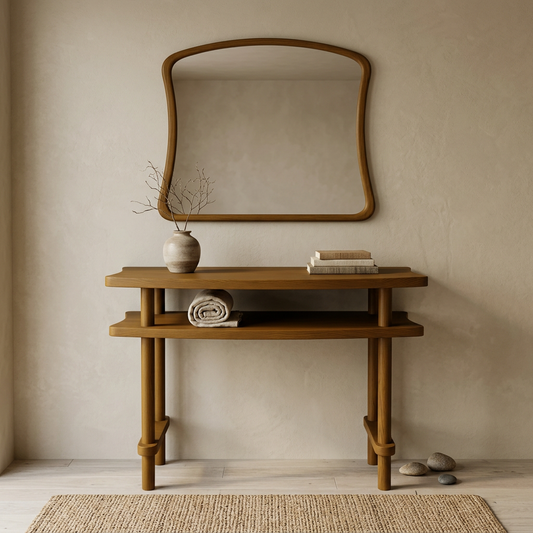 Console Table with Mirror Set, Solid Beech Wood Entryway Furniture, Scandinavian Minimalist Vanity