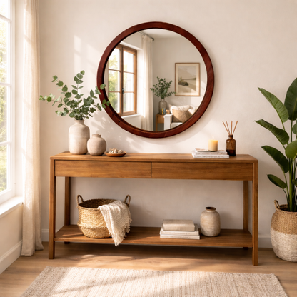 Handmade Solid Wood Framed Round Mirror – Modern Scandinavian Wall Mirror
