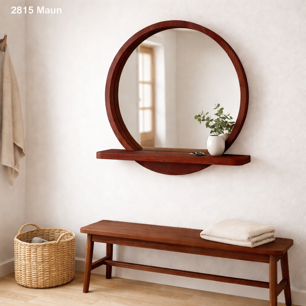 Solid Beech Wood Round Mirror with Shelf – Scandinavian Entryway Bathroom Mirror