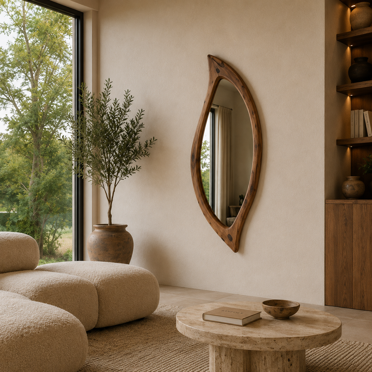 Organic Natural Wood Mirror, Irregular Wall Mirror, Handmade Walnut Mirror, Rustic Modern Home Decor, Live Edge Wood Mirror