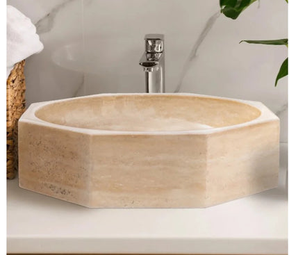 Marble Sink – Light Beige Travertine Octagon Vessel Bathroom Sink Polished | Natural Stone Above-Counter Basin 16"x16"x5"