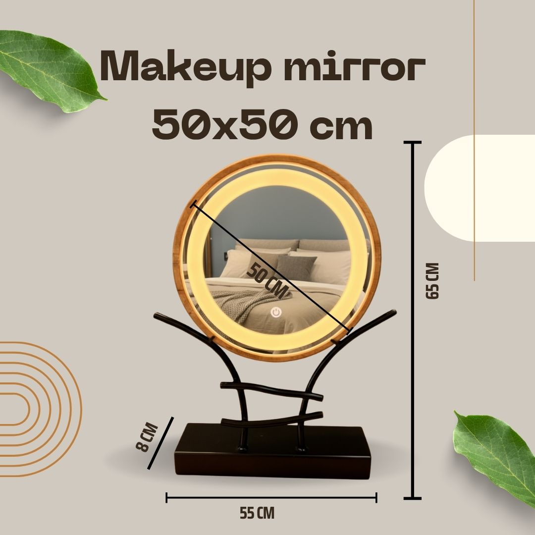 LED Makeup Mirror with Wooden Frame – Dimmable Touch Lighted Vanity Mirror & Jewelry Holder