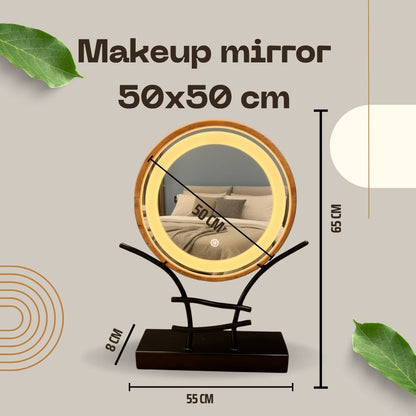 LED Makeup Mirror with Wooden Frame – Dimmable Touch Lighted Vanity Mirror & Jewelry Holder