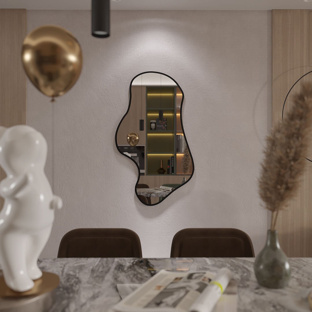 Wavy Irregular Wall Mirror – Modern Asymmetrical Bathroom Mirror with Black Frame