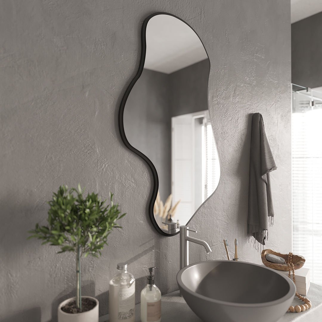 Wavy Irregular Wall Mirror – Modern Asymmetrical Bathroom Mirror with Black Frame