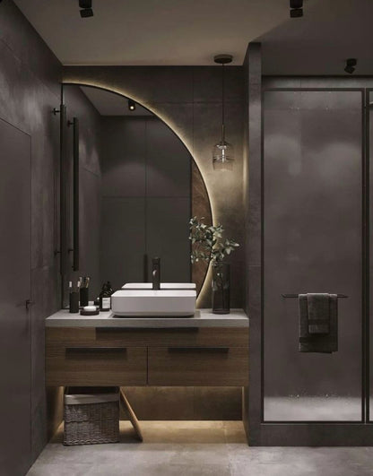 LED Bathroom Mirror – Modern Half Moon Backlit Vanity Mirror with Touch Sensor, Luxury Lighted Wall Mirror
