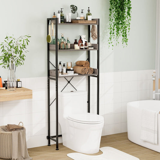 Over The Toilet Storage Rack | 3 Shelves, Hooks & Adjustable Bar – Gray