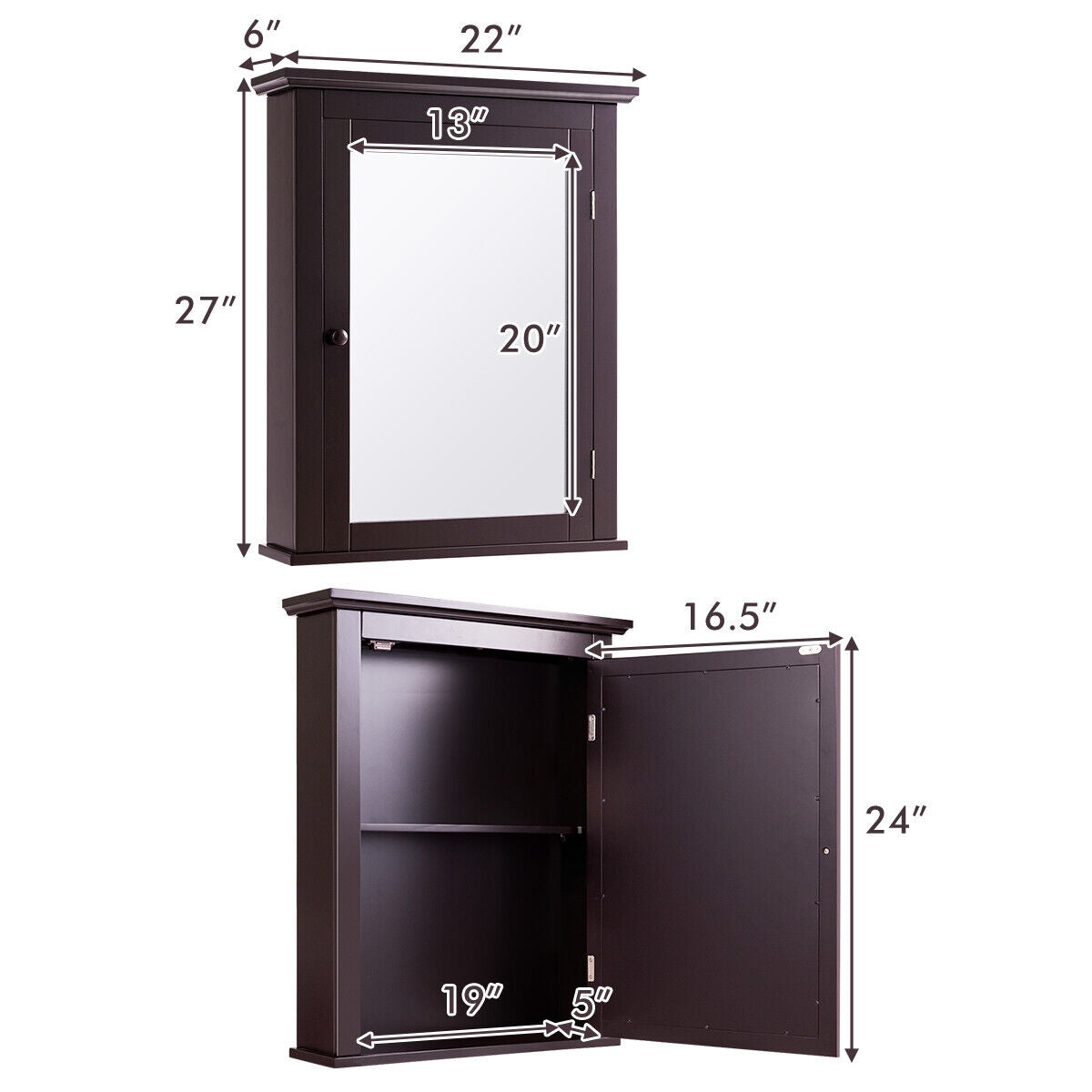 Bathroom Wall Mounted Medicine Cabinet with Mirror - Storage Cabinet | Brown MDF Cabinet