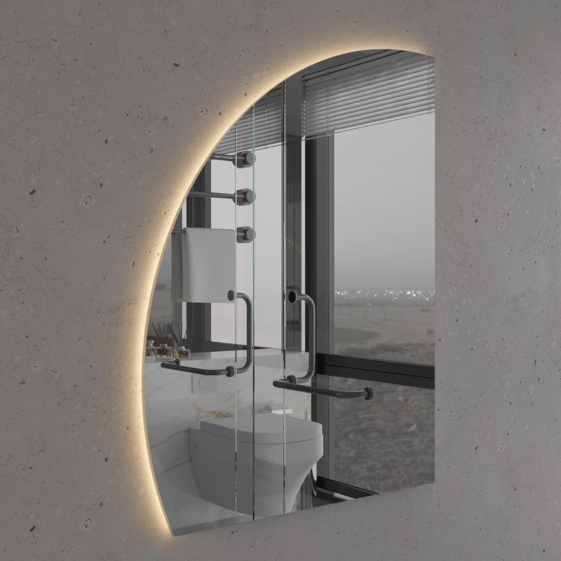 LED Bathroom Mirror – Modern Half Moon Backlit Vanity Mirror with Touch Sensor, Luxury Lighted Wall Mirror