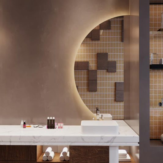 Modern LED Bathroom Mirror – Half Circle Backlit Wall Mirror with Touch Sensor, Designer Lighted Vanity Mirror