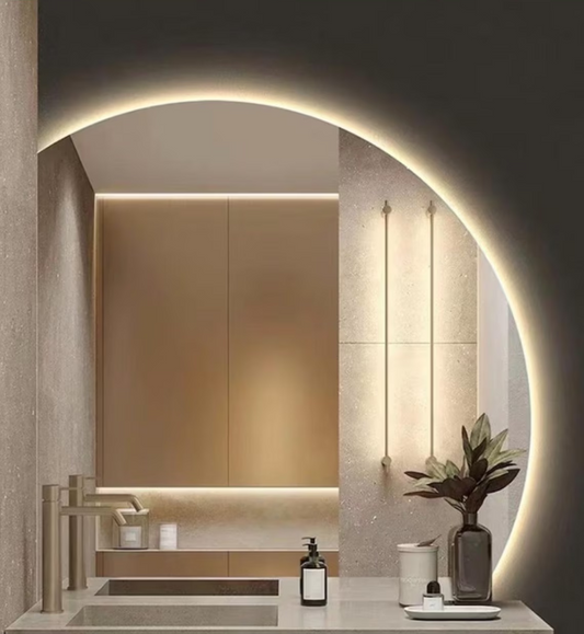 Modern LED Bathroom Mirror – Half Circle Backlit Wall Mirror with Touch Control, Warm & Cool Lighted Vanity Mirror