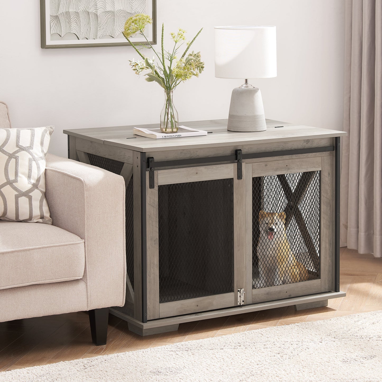 Wooden Dog Crate Furniture with Barn Door - Farmhouse Dog Cage End Table with Storage - Aypars Atelier