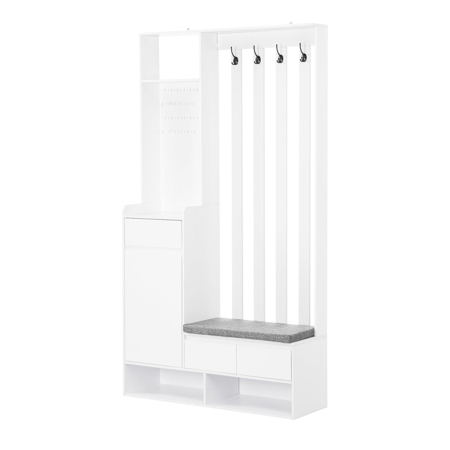 Hall Tree with Storage Bench & Shoe Cabinet - Entryway Coat Rack with Hooks & Pegboard White - Aypars Atelier
