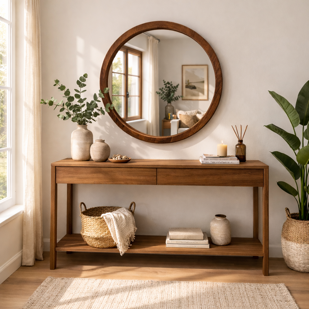 Handmade Solid Wood Framed Round Mirror – Modern Scandinavian Wall Mirror