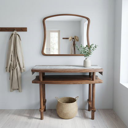Console Table with Mirror Set, Solid Beech Wood Entryway Furniture, Scandinavian Minimalist Vanity