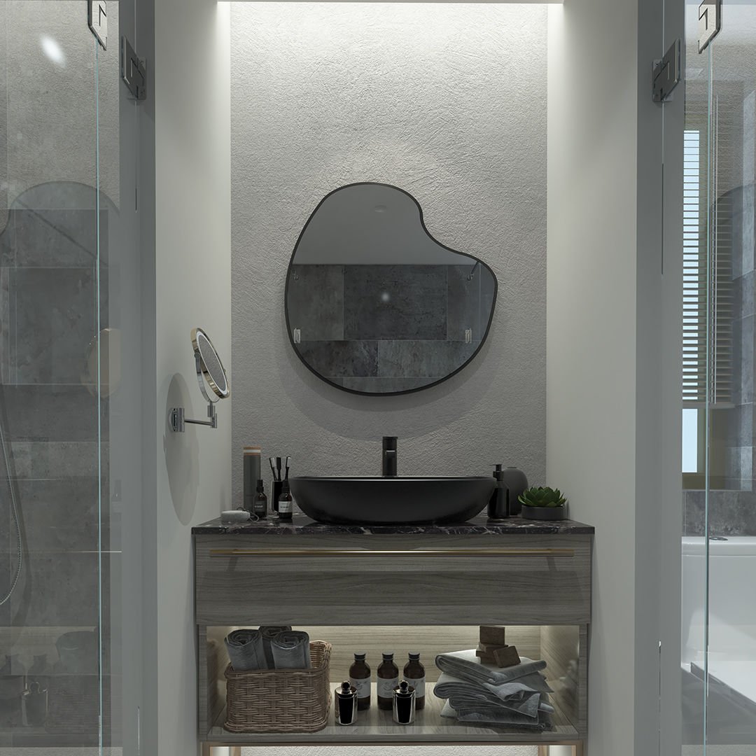 Irregular Bathroom Mirror – Modern Asymmetrical Wall Mirror with Black Frame, Minimalist Vanity Mirror