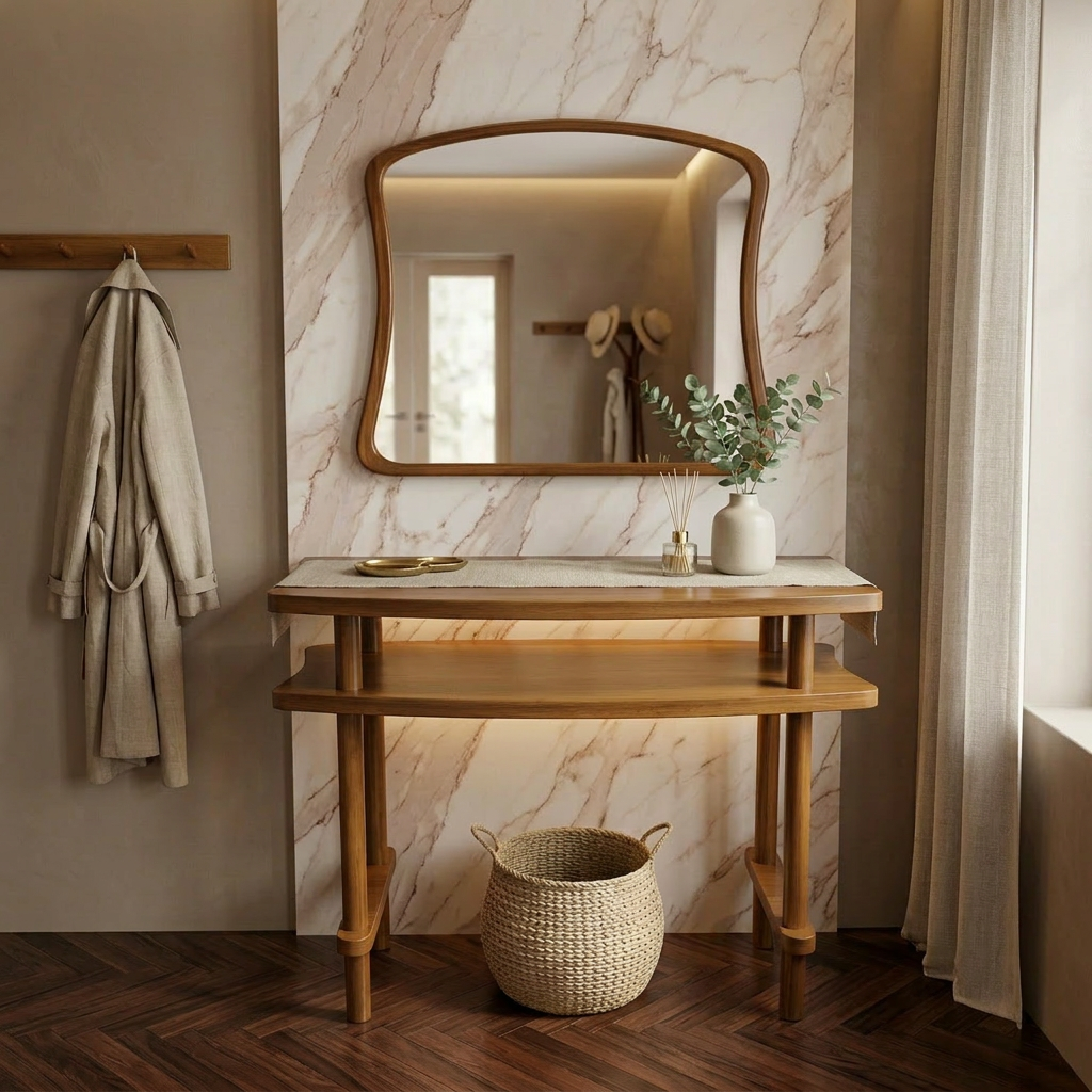 Console Table with Mirror Set, Solid Beech Wood Entryway Furniture, Scandinavian Minimalist Vanity