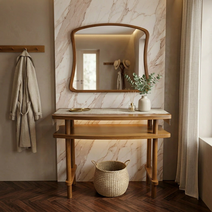 Console Table with Mirror Set, Solid Beech Wood Entryway Furniture, Scandinavian Minimalist Vanity