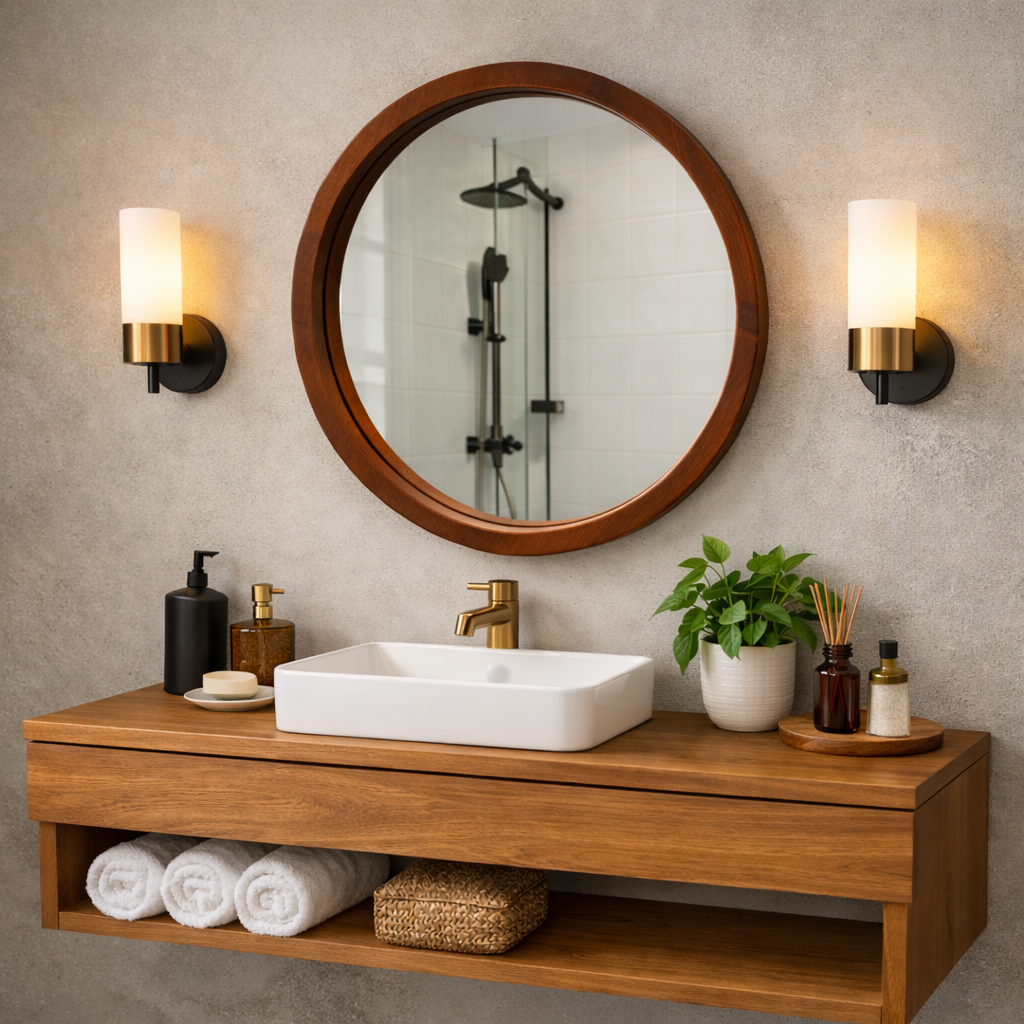 Handmade Solid Wood Framed Round Mirror – Modern Scandinavian Wall Mirror
