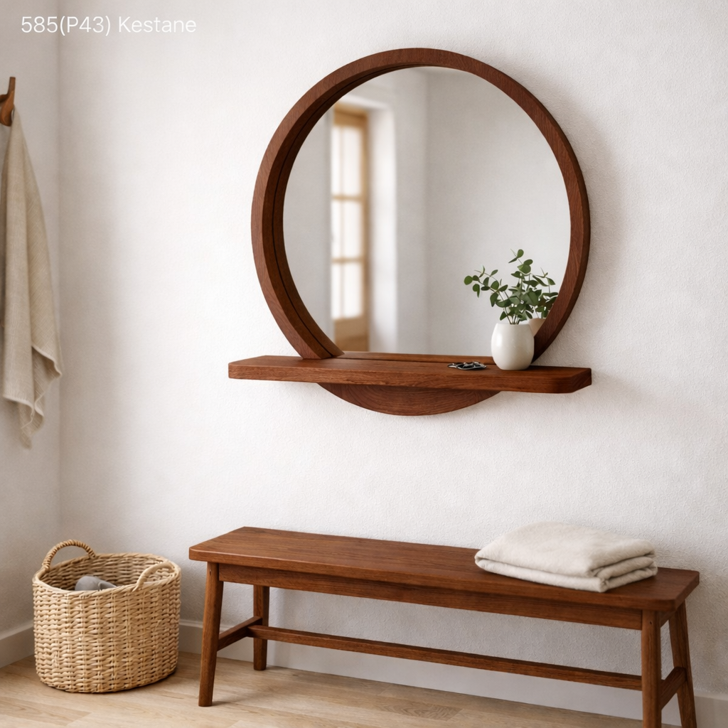 Solid Beech Wood Round Mirror with Shelf – Scandinavian Entryway Bathroom Mirror
