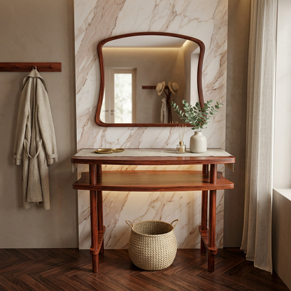 Console Table with Mirror Set, Solid Beech Wood Entryway Furniture, Scandinavian Minimalist Vanity