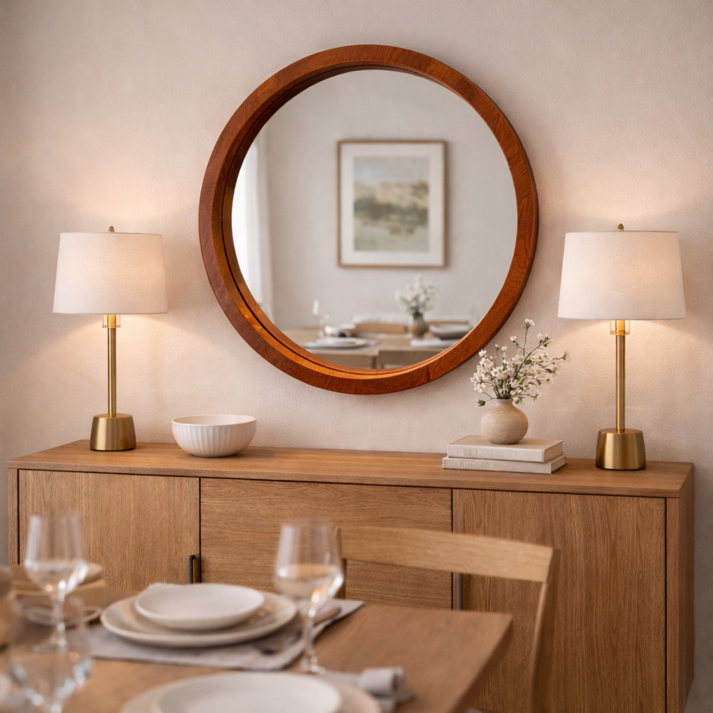 Handmade Solid Wood Framed Round Mirror – Modern Scandinavian Wall Mirror