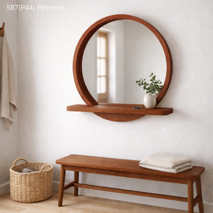 Solid Beech Wood Round Mirror with Shelf – Scandinavian Entryway Bathroom Mirror