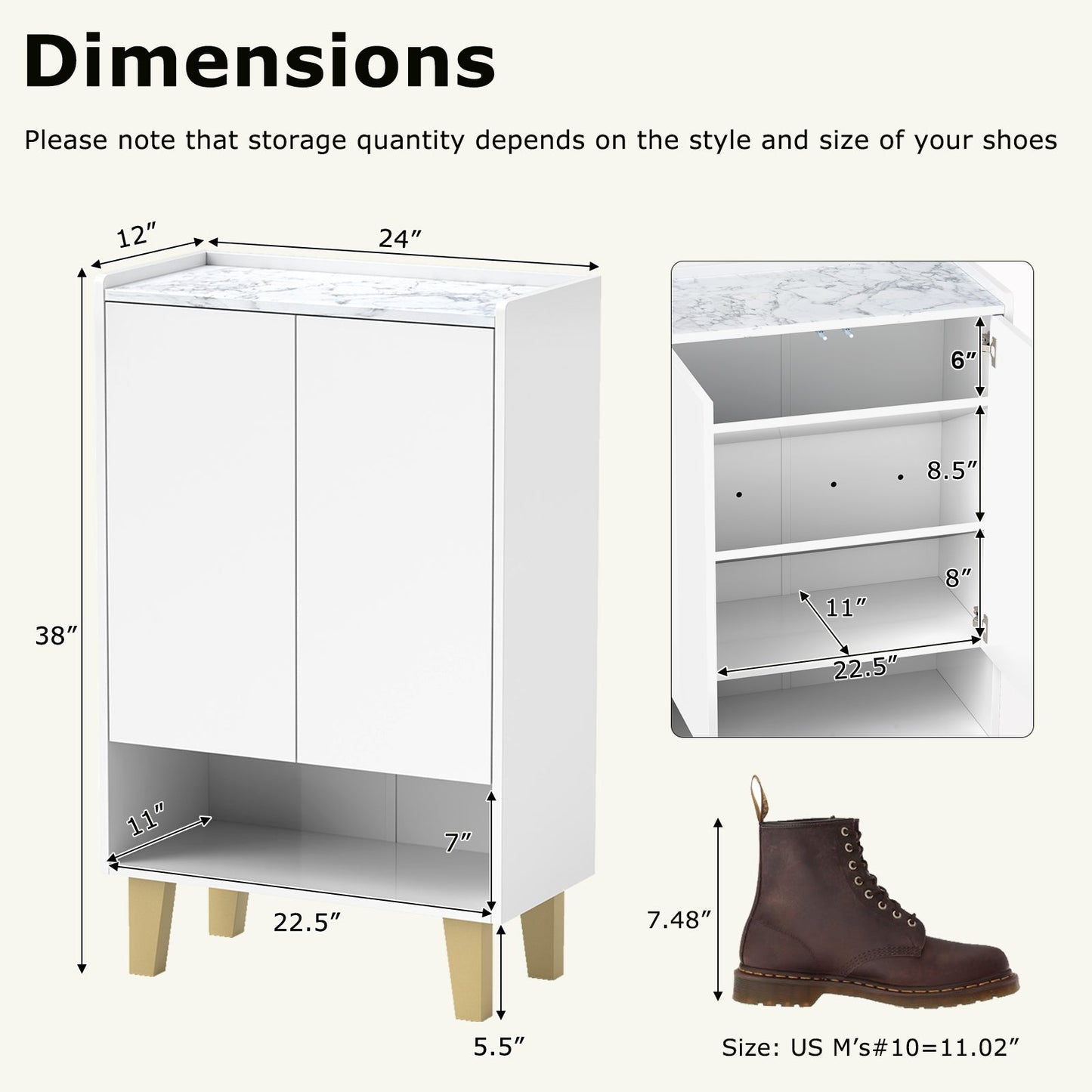 5-Tier Shoe Cabinet with Faux Marble Countertop and Flat Tilting Shelves-White