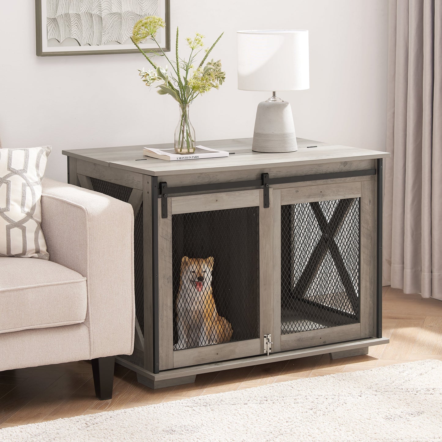 Wooden Dog Crate Furniture with Barn Door - Farmhouse Dog Cage End Table with Storage - Aypars Atelier