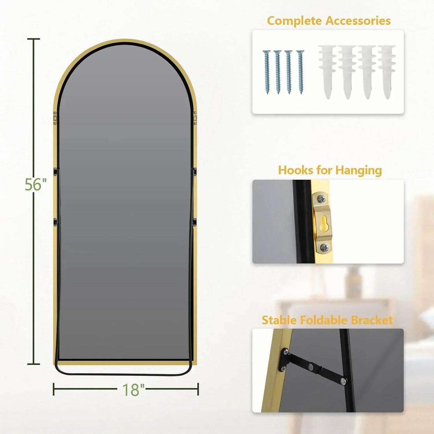 Gold Arched Floor Mirror | Oversized Full Length Mirror for Bedroom & Living Room