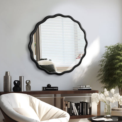 Black Wavy Wood Mirror - Solid Wood Frame Wall Mirror