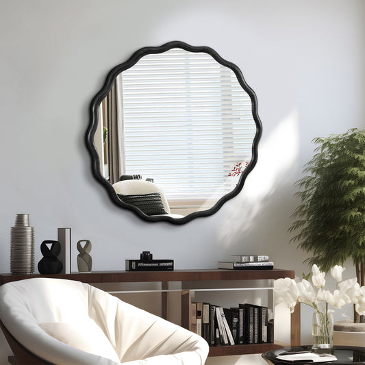 Black Wavy Wood Mirror - Solid Wood Frame Wall Mirror