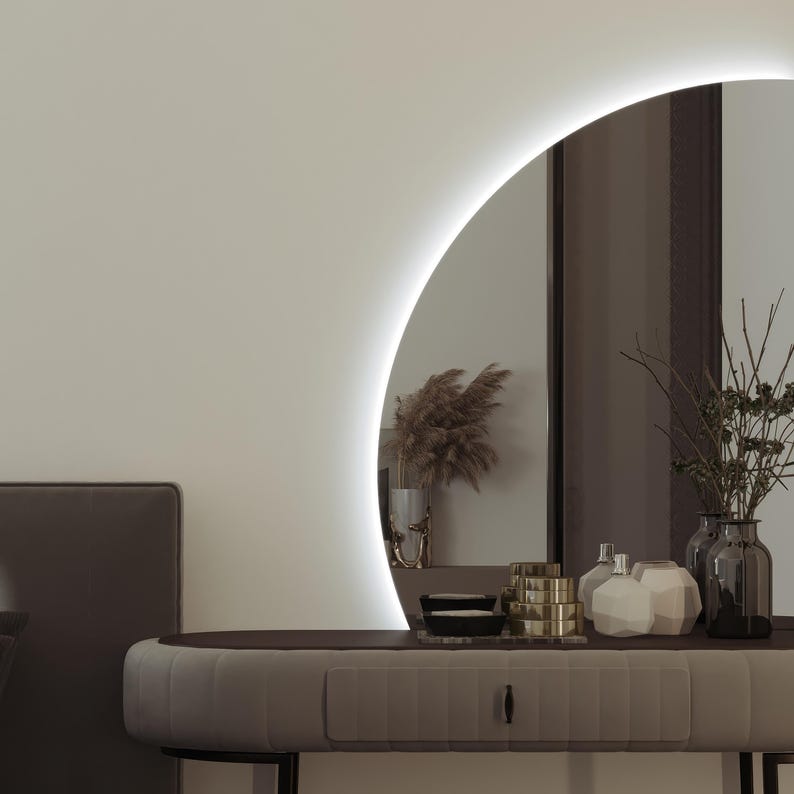 LED Bathroom Mirror – Modern Half Moon Backlit Vanity Mirror with Touch Sensor, Luxury Lighted Wall Mirror