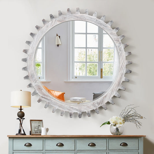 Vintage Gear Mirror - Round Wood Frame Decorative Wall Mirror