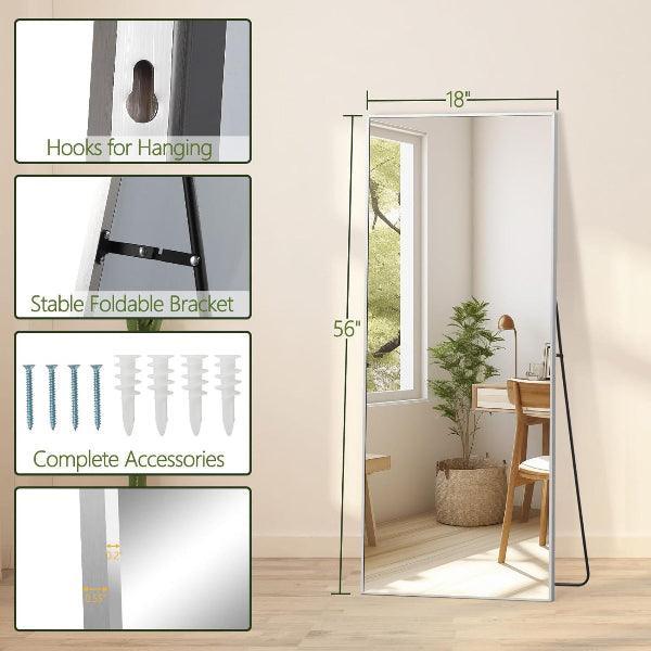 Silver Full Length Mirror | Aluminum Frame Floor Mirror with Stand