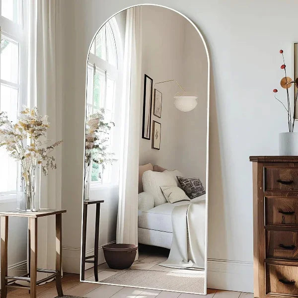 White Arched Full Length Mirror | Aluminum Frame Leaning Mirror for Bedroom & Living Room