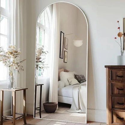 White Arched Full Length Mirror | Aluminum Frame Leaning Mirror for Bedroom & Living Room