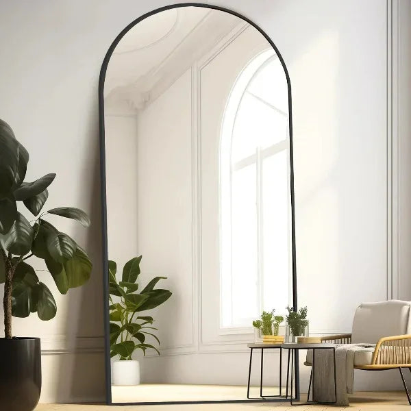 Black Arched Floor Mirror | Leaning & Wall Mounted Mirror for Bedroom & Living Room