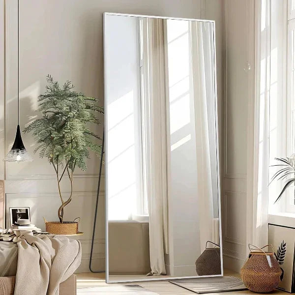 Full-length mirror in a room with decor elements like plants and baskets.