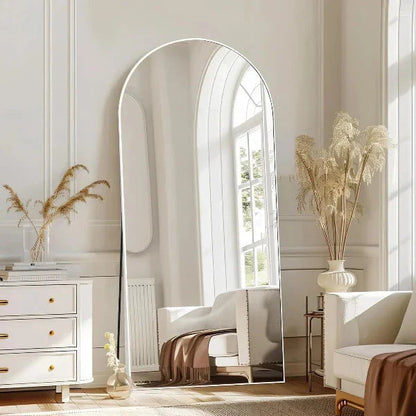 White Arched Full Length Mirror | Aluminum Frame Leaning Mirror for Bedroom & Living Room