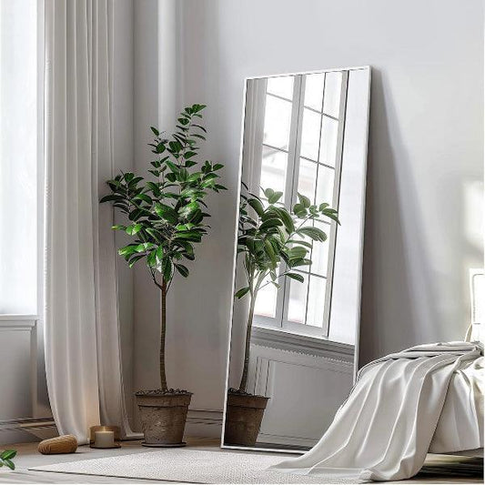 Silver Full Length Mirror | Aluminum Frame Floor Mirror with Stand