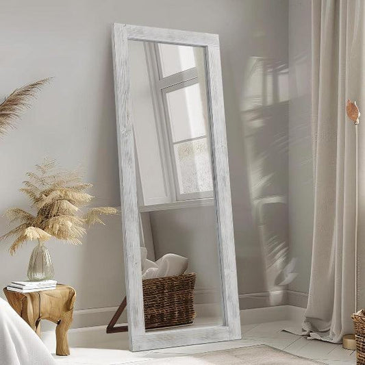 Rustic Farmhouse Full Length Mirror | Wood Floor Mirror in Weathering White