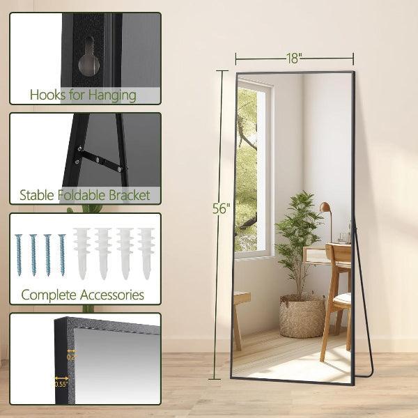 Black Full Length Floor Mirror | Aluminum Frame Body Mirror for Bedroom & Living Room